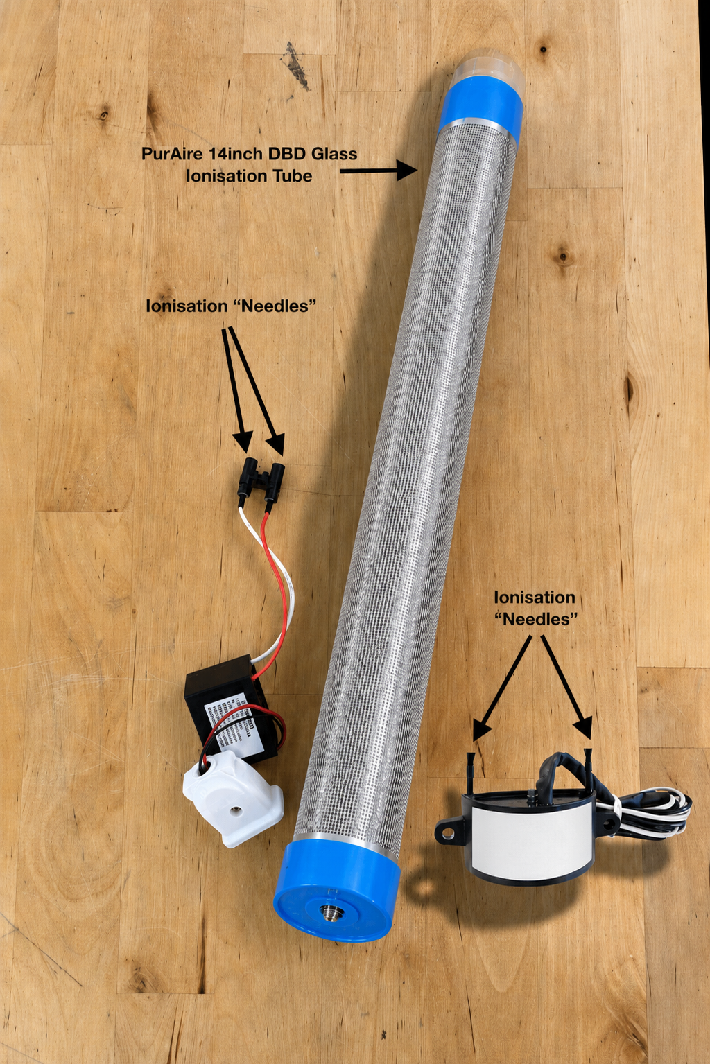 Comparison of a typical needlepoint ionizer versus a single PurAire DBD bipolar ionization tube.