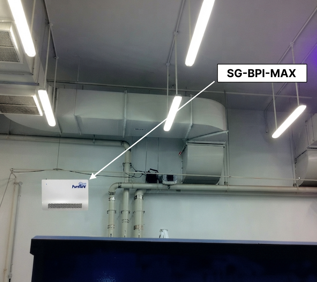 PurAire SG-BPI-MAX wall-mounted bipolar ioniser installed for odour control in a refuse bin centre