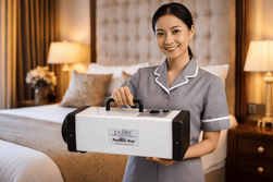 Asian Housekeeper with PurAire DUO in bedroom