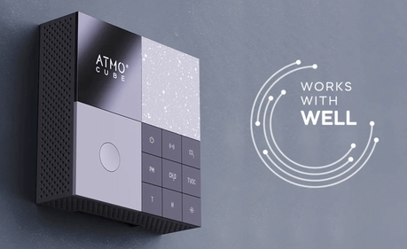 Atmocube indoor air quality sensor shown with WELL Building Standard monitoring