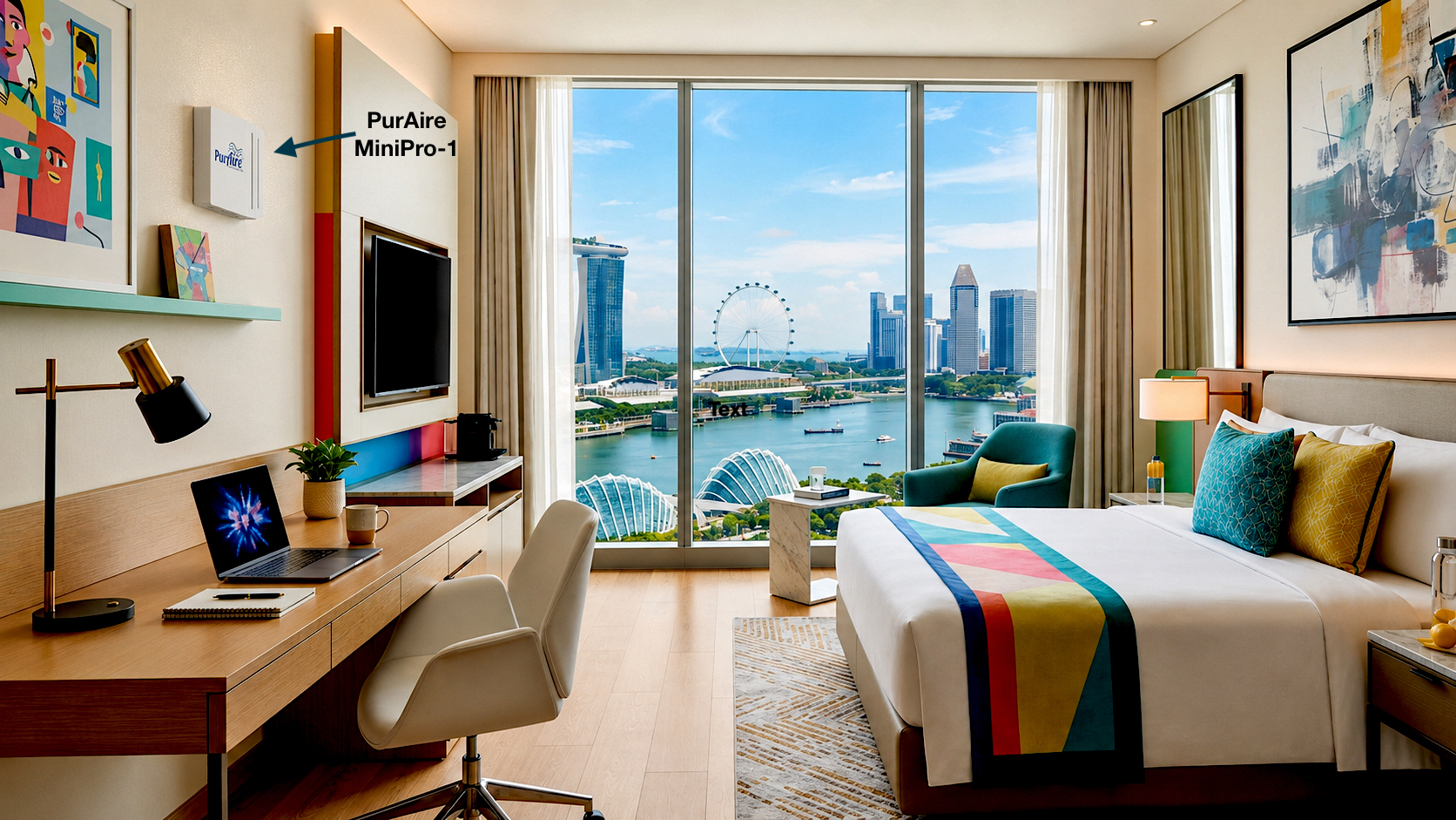 PurAire MiniPro wall-mounted bipolar ioniser in a modern hotel guest room with work desk