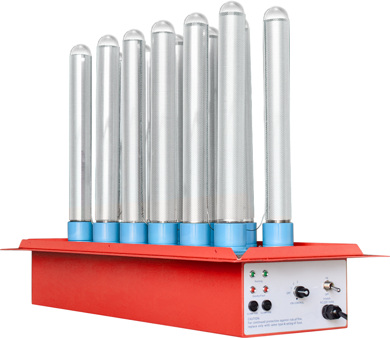 PurAire SG-BPI-12V in-duct bipolar ioniser showing twelve vertical Glass DBD tubes on the mounting plate